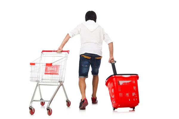 Homme shopping avec panier de supermarché panier isolé sur blanc — Photo