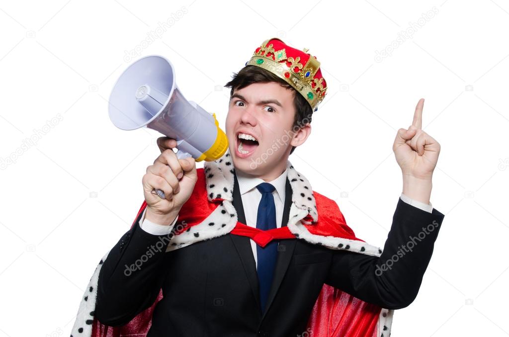 Man with crown and megaphone isolated on white