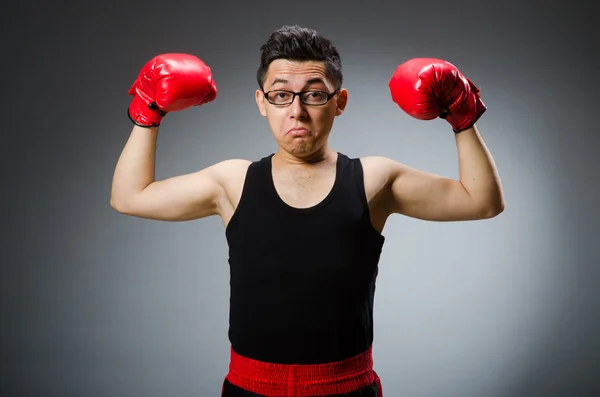 Lustiger Boxer mit roten Handschuhen vor dunklem Hintergrund — Stockfoto