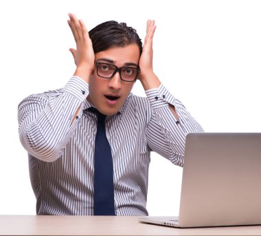 Dizüstü bilgisayarı olan adam beyazda izole edildi