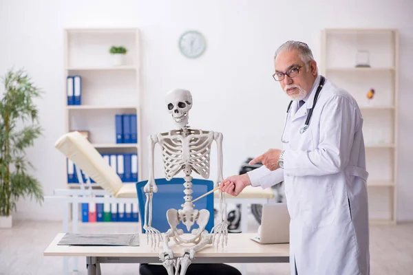 Oude mannelijke dokter die menselijk skelet demonstreert — Stockfoto