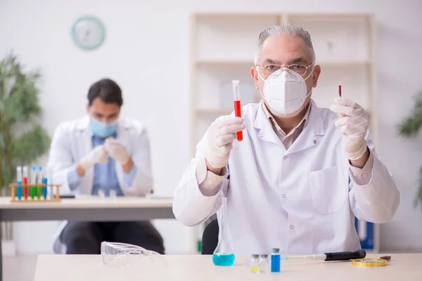 Två manliga kemister som arbetar på labbet under en pandemi — Stockfoto