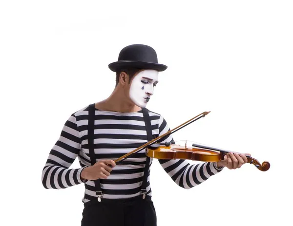 Mime playing violin isolated on white — Stock Photo, Image