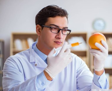 Bilim adamı organik meyve ve sebzeler üzerinde çalışıyor.