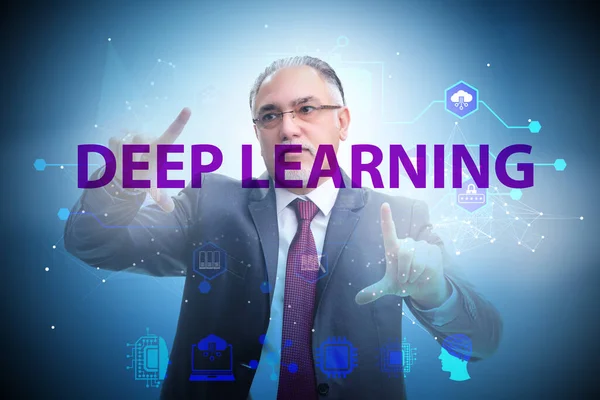 Deep learning concept with businessman pressing button — Stock Photo, Image