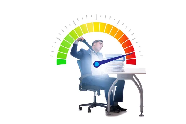 Affärsman med mätare mäter sin stressnivå — Stockfoto