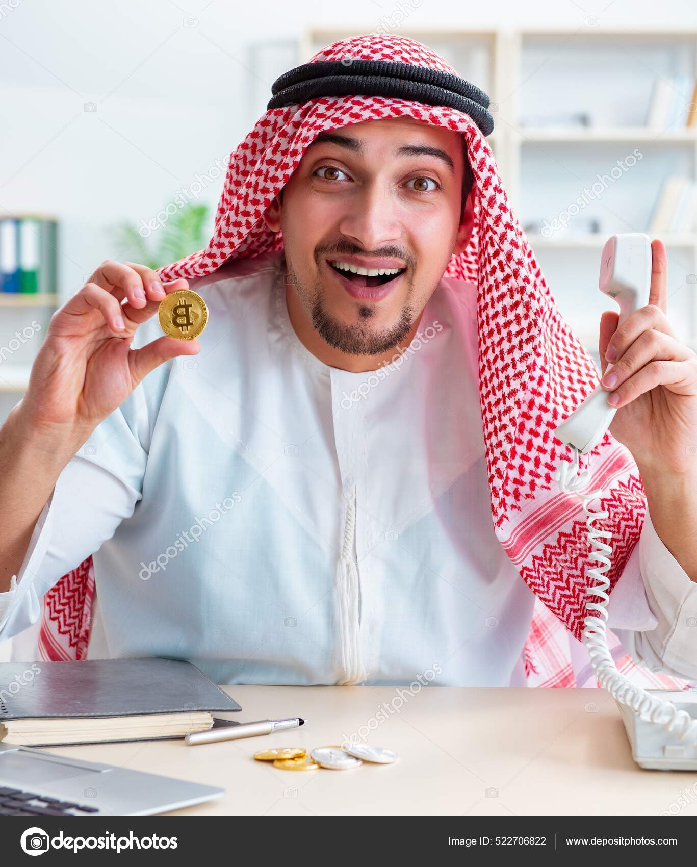 Arab man with bitcoin in cryptocurrency mining concept — Stock Photo ©  Elnur_ #522706822
