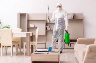 Genç erkek müteahhit evde haşere kontrolü yapıyor.