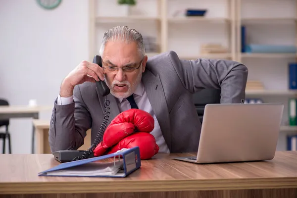 Viejo empleado de negocios con guantes de boxeo en el lugar de trabajo —  Fotos de Stock