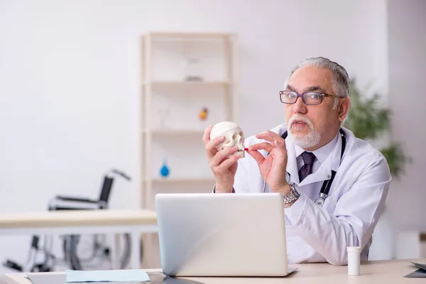 Yaşlı erkek doktor insan kafatasını gösteriyor. — Stok fotoğraf