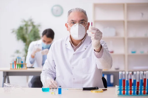 Salgın sırasında laboratuvarda çalışan iki erkek kimyager. — Stok fotoğraf