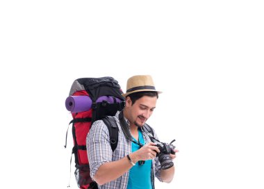 Beyaz arka plan üzerinde izole kamera ile Backpacker