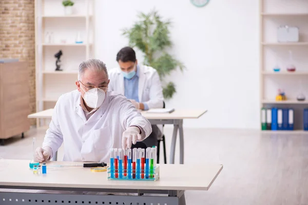 Deux chimistes masculins travaillant au laboratoire pendant la pandémie — Photo