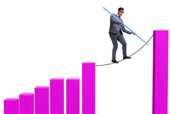 Businessman walking on tight rope between bar chart — Stock Photo, Image