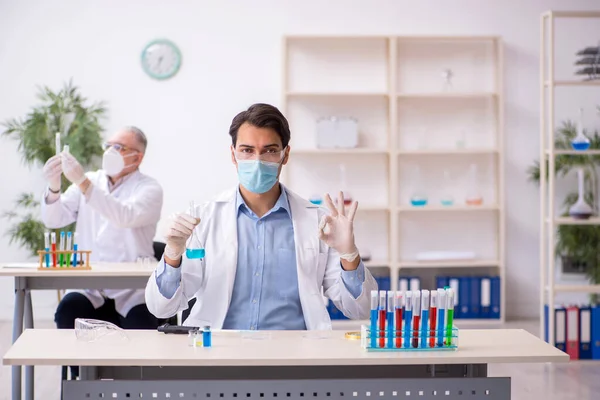 Два хіміки чоловічої статі працюють в лабораторії під час пандемії — стокове фото
