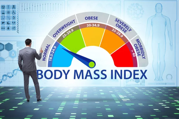 Concepto de IMC - índice de masa corporal con el hombre — Foto de Stock