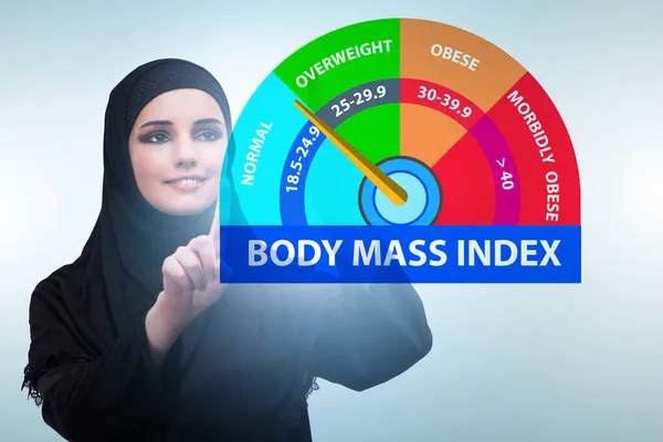 Conceito de IMC - índice de massa corporal com nutricionista — Fotografia de Stock