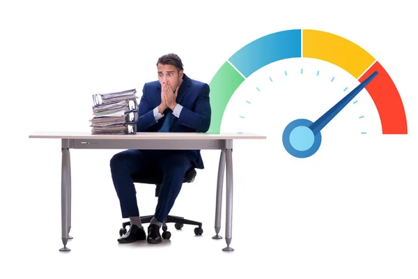 Businessman with meter measuring his stress level — Stock Photo, Image