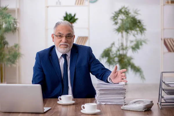 Oude mannelijke werknemer die op kantoor werkt — Stockfoto