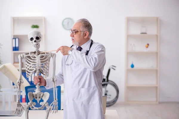 Yaşlı erkek doktor insan iskeleti gösteriyor. — Stok fotoğraf