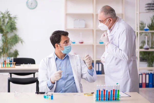Dwóch chemików pracujących w laboratorium podczas pandemii — Zdjęcie stockowe