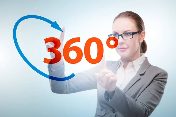 360度概念与女商人按下按钮 — 图库照片