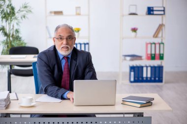 Ofiste çalışan yaşlı bir erkek.