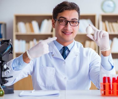 Bilim adamı organik meyve ve sebzeler üzerinde çalışıyor.