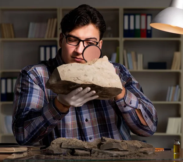 Archeoloog werkt laat in de avond in het kantoor — Stockfoto