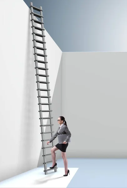 Zakenvrouw klimt op een ladder om te ontsnappen aan problemen — Stockfoto