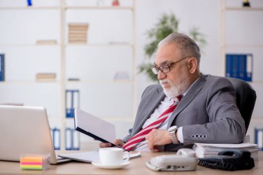 Ofiste çalışan yaşlı bir erkek.