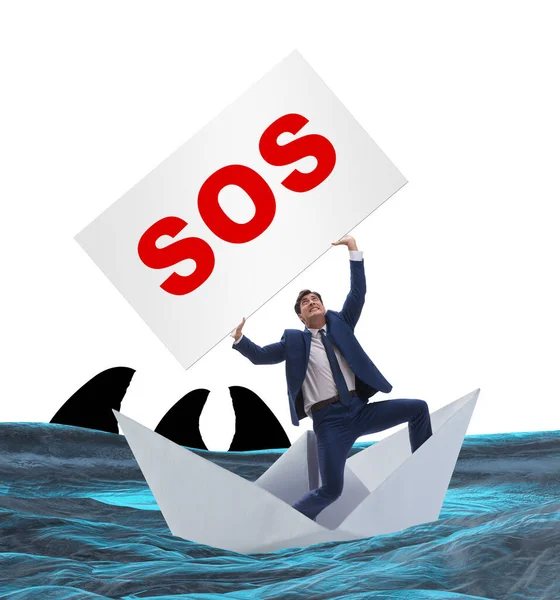Biznesmen proszący o pomoc z SOS wiadomość na łodzi — Zdjęcie stockowe