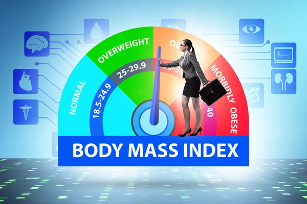 Концепция ИМТ - индекс массы тела с женщиной — стоковое фото