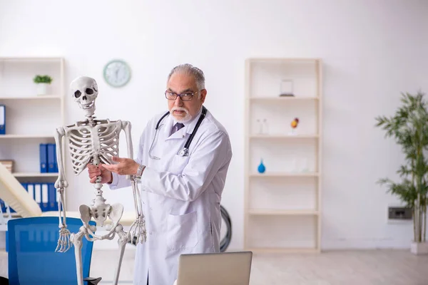 Oude mannelijke dokter die menselijk skelet demonstreert — Stockfoto