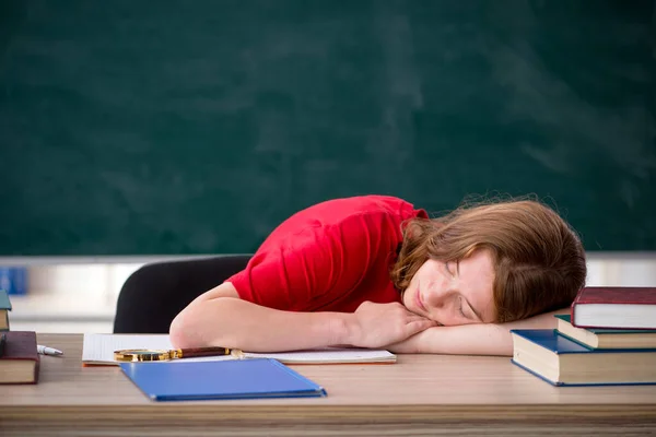 Young female student preparing for exams in the classroom — Stock Photo, Image