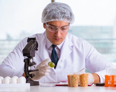 Besin uzmanı gıda ürünlerini laboratuarda test ediyor.