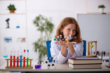 Genç bayan kimyacı öğrenci moleküler model üzerinde çalışıyor.