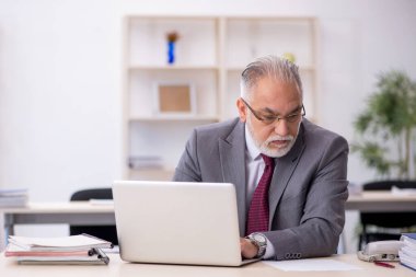 Ofiste çalışan yaşlı bir erkek.