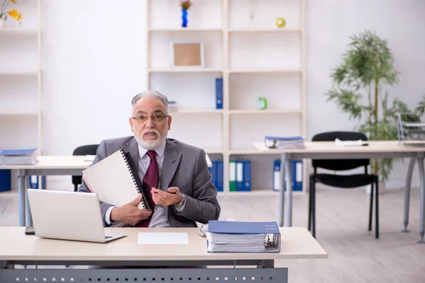 Oude mannelijke werknemer die op kantoor werkt — Stockfoto