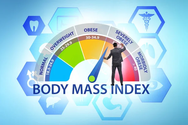 Concepto de IMC - índice de masa corporal con el hombre — Foto de Stock