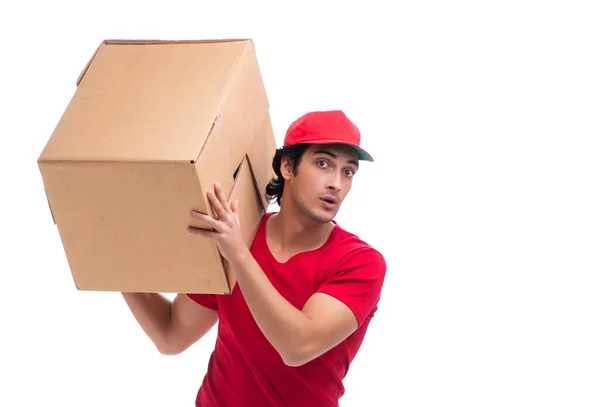 El joven mensajero masculino con caja — Foto de Stock