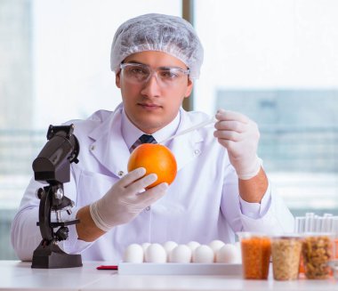 Besin uzmanı gıda ürünlerini laboratuarda test ediyor.