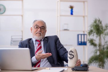 İş yerinde maaş konseptinde çalışan yaşlı bir erkek.