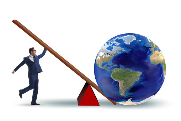 Businessman lifting the earth in challenge concept — Stock Photo, Image
