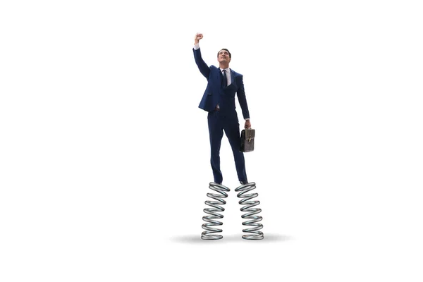 Бізнесмен стрибає високо на пружинах — стокове фото