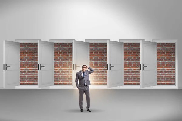 Businessman facing no exit with brick door — Stock Photo, Image