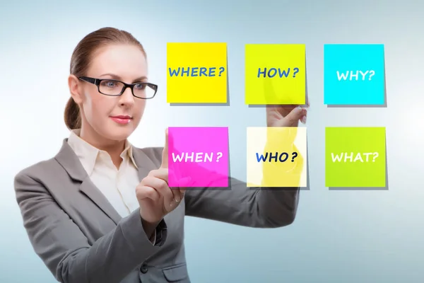 Concept of many different questions asked with businesswoman — Stock Photo, Image