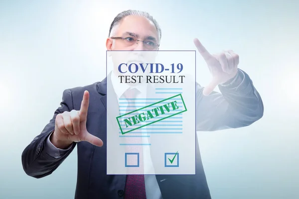 Pojęcie coronavirus covid-19 test z biznesmenem — Zdjęcie stockowe