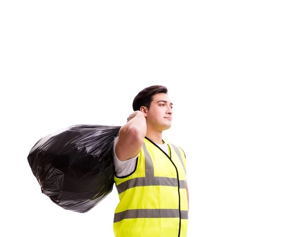 Homem com saco de lixo isolado em branco — Fotografia de Stock