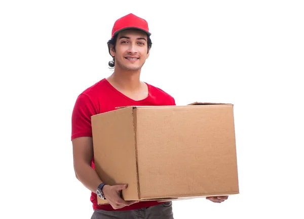 El joven mensajero masculino con caja — Foto de Stock